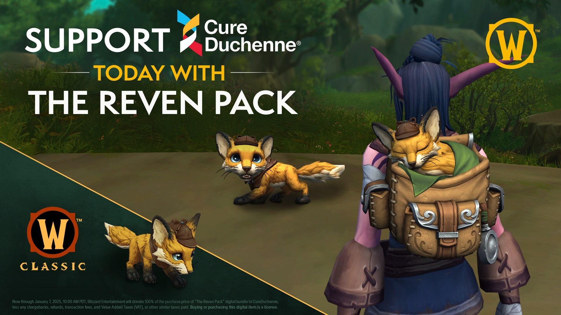 Promotional image of a World of warcraft character and fox-like pets to promote the Reven Pack with CureDuchenne.