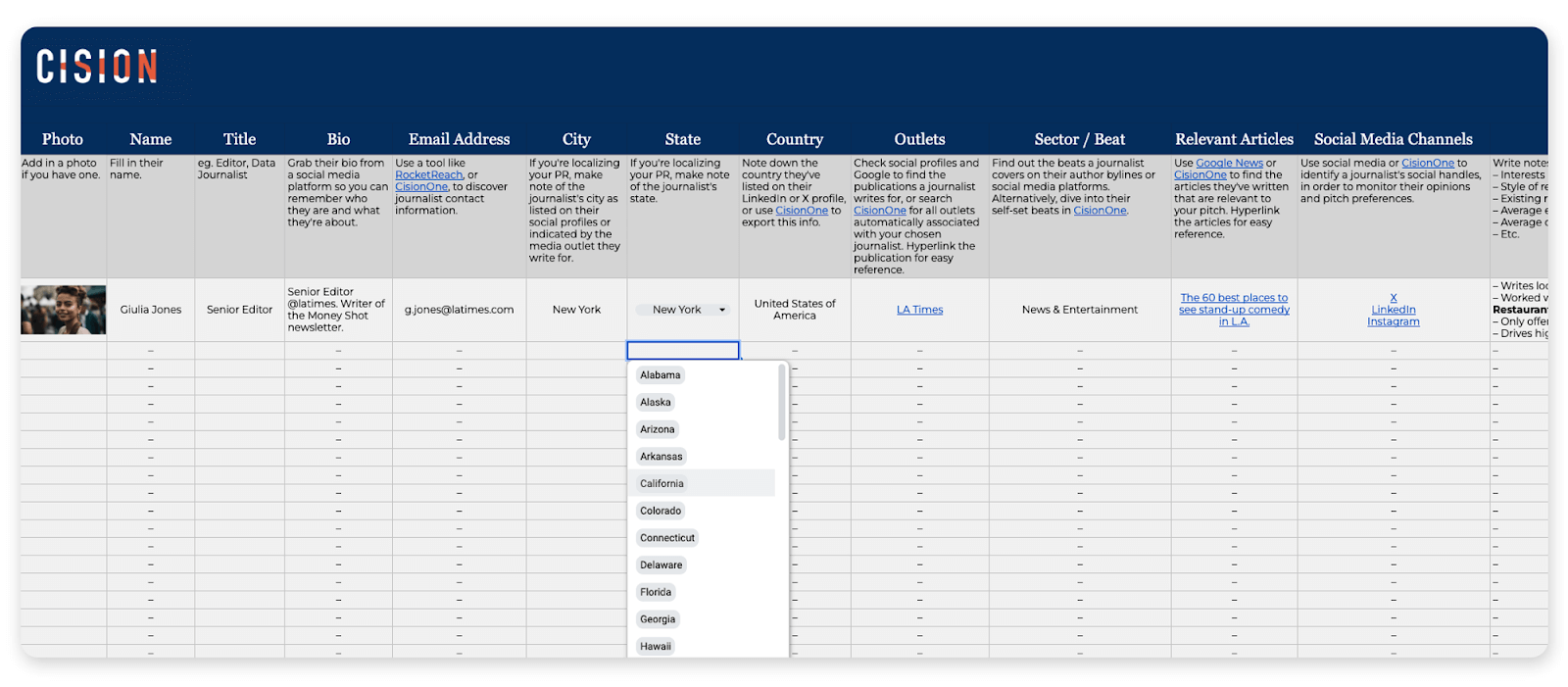 Cision Google Sheets media list template 