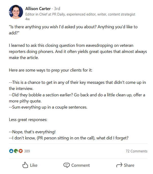 Alison Carter LinkedIn post on reporters