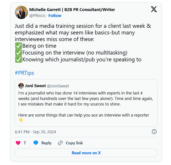 Michelle Garrett X post on media training